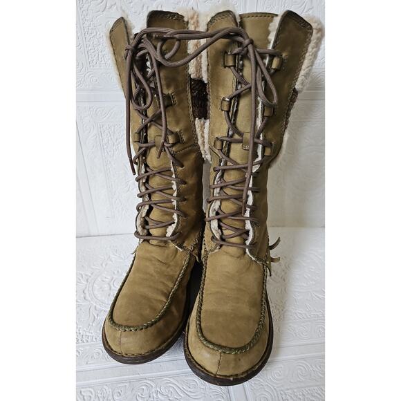 UGG Shoreline Shearling Sheepskin Leather Fringe Tall Boots Womens 7 Olive Green - Picture 7 of 15